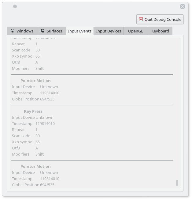 在调试终端中，一个输入事件过滤器显示被按下的键
